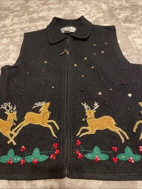 Festive Black womens Zip-Front Vest with Gold Reindeer Embroidery
